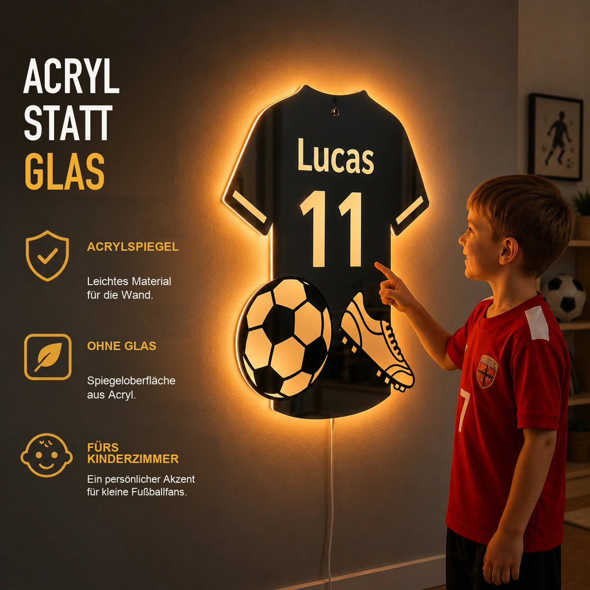 Spiegeloberfläche aus Acryl mit beleuchtetem Fußballmotiv.